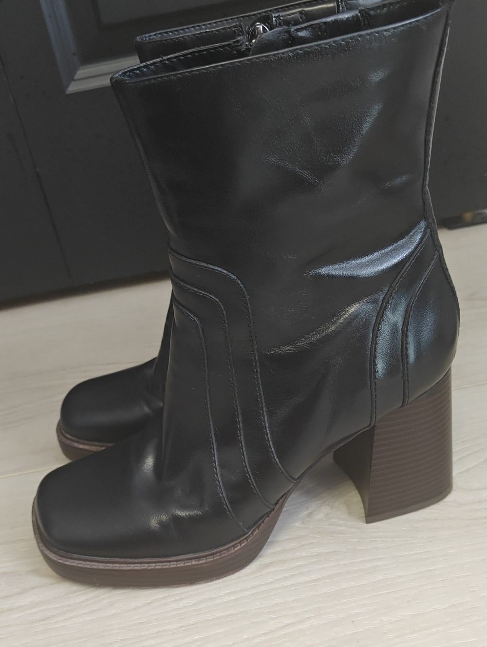 Marc Fisher Black Leather Mid-Calf Block Heel Boots
